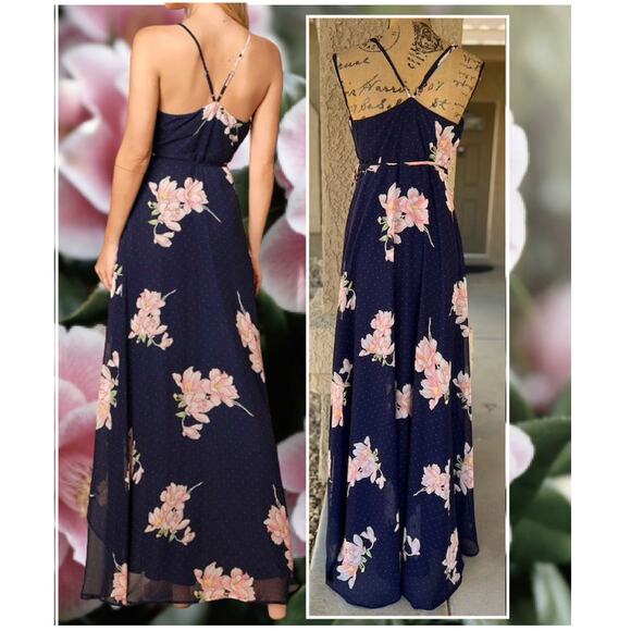 Lulu's Wrap Navy Blue Floral Print Polka Dot Loiselle Maxi Dress Size L - Picture 4 of 17